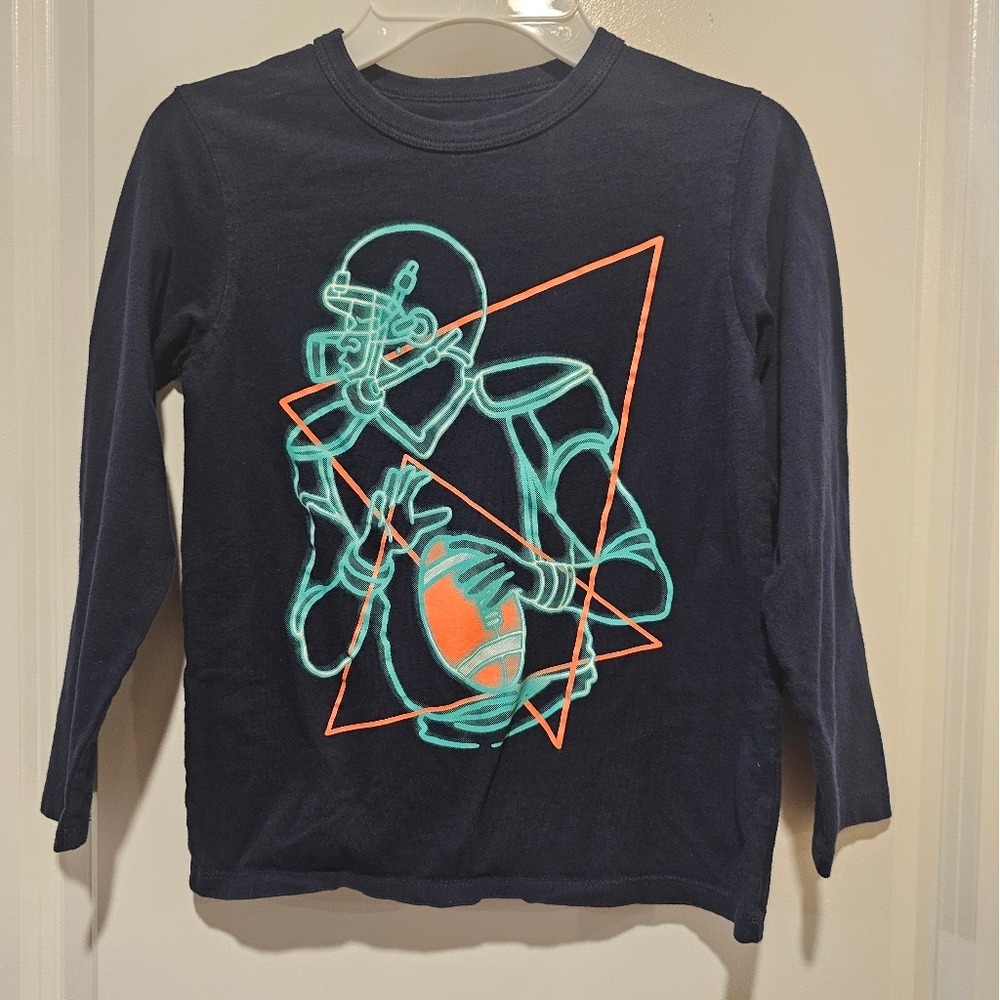 Kid's‎ sz 5/6 Navy Blue Neon Football Graphic Long Sleeve Tee Fall Ball Sporty